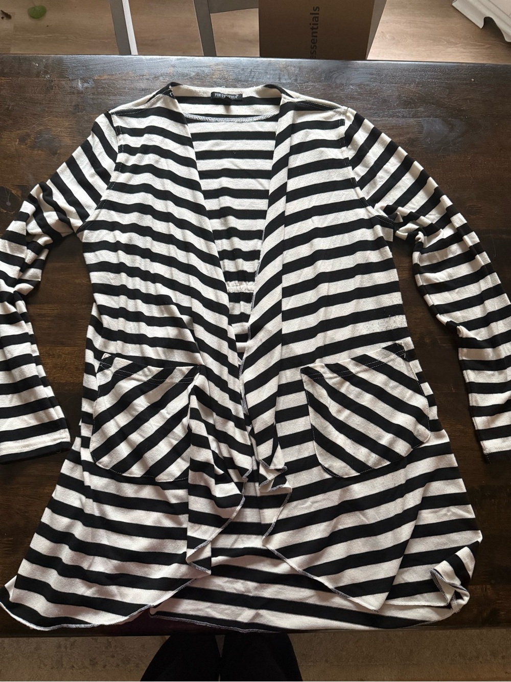 For Cynthia Black and Cream Striped Open-Front Cardigan